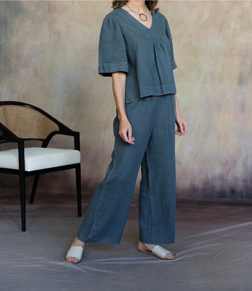 CobbleStone Living Amelie Linen Washed Grey Blue Wide‑Leg Outfit Set S/M